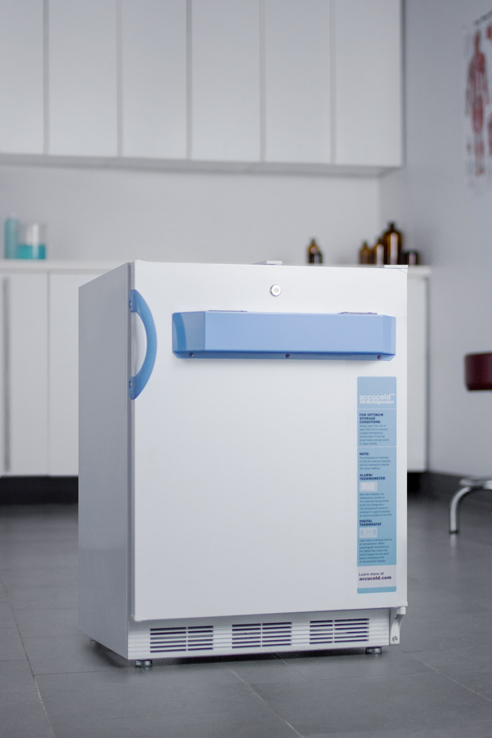 Built-in undercounter ADA compliant auto defrost medical/scientific all-refrigerator with front control panel equipped with a digital thermostat and NIST calibrated thermometer/alarm; includes front lock, hospital grade cord, and internal fan